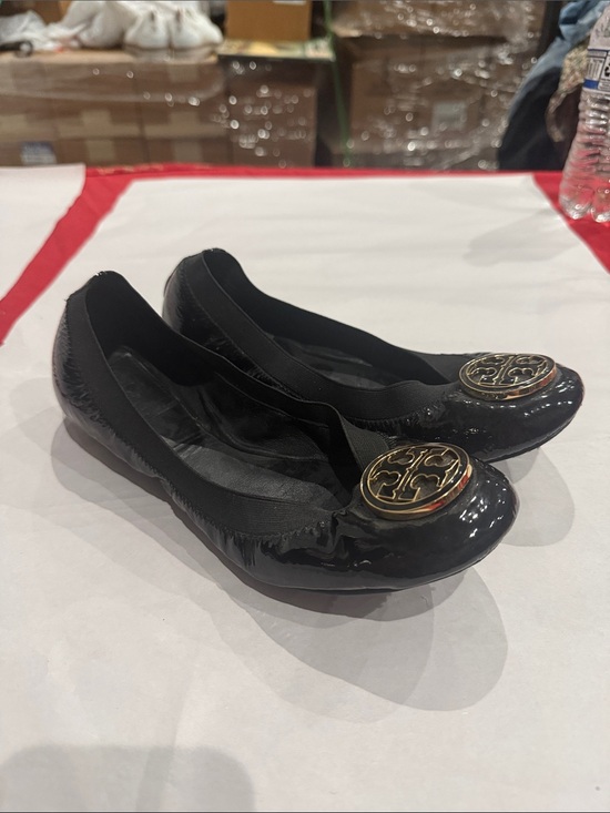 Tory Burch Shoes - Tory Burch Black Patent Logo Ballet Flats with Gold Emblem
